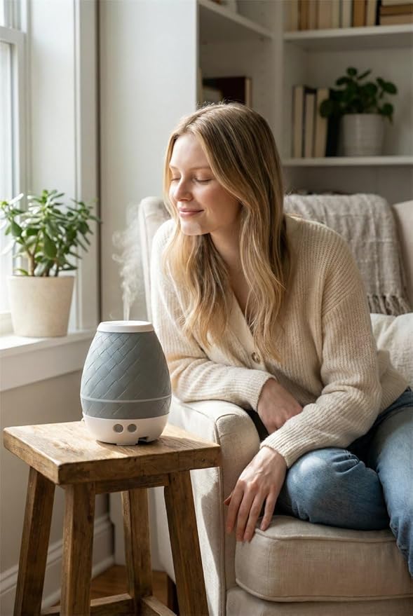 Dewdrop v.2 Ultrasonic Diffuser, Humidifier and Atomizer, Blue Woven Pattern, Ambient Light Control, Automatic Shut-Off