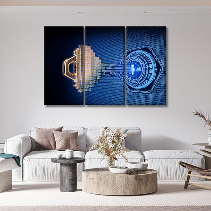 3 Panel Framed Wall Art A Key Formed from Binary Code Goes Into an Abstract Lock Posters and Prints for Bedroom Living Room Wall Decoratio, Ready to Hang, 20x40inchx3