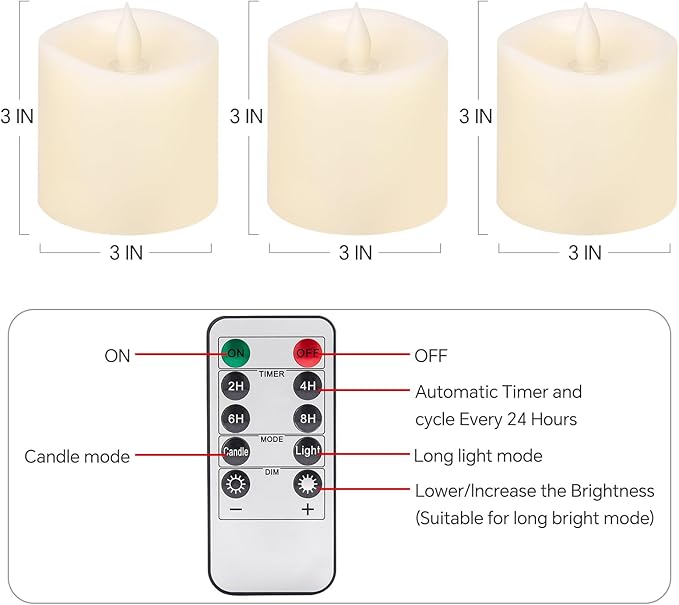 3x3 Flickering Flameless Candles Set of 3, Real Wax LED Battery Candles Flickering, 3 inch Flameless Candles with Remote,Battery Powered Candles, for Party/Wedding,Ivory