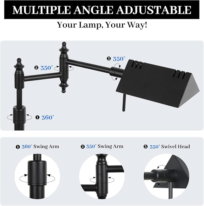 Dimmable Pharmacy Floor Lamp with Remote, 17W LED Reading Floor Lamp with 360°Swing Arm, 3 Color Temperature, Height Adjustable Black Standing Task Lamp for Living Room, Bedroom, Black