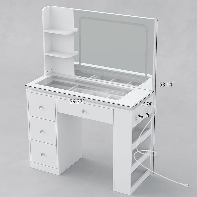 White Vanity Desk with Illuminated Mirror & Power Outlet, Bedroom Dresser LED Mirror Stepless Dimmable & 3 Color Modes Adjustable RGB Drawers, for Women Girls Bedroom（Pure White