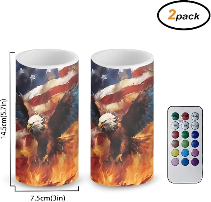Eagle Flag Flameless Candles 2 Pack 6 x 3 inch Veterans Day USA Flag Battery Operated Candles with Multicolor Timer Remote Control LED Fake Candles for Warm Light Dinner Table Home Decor