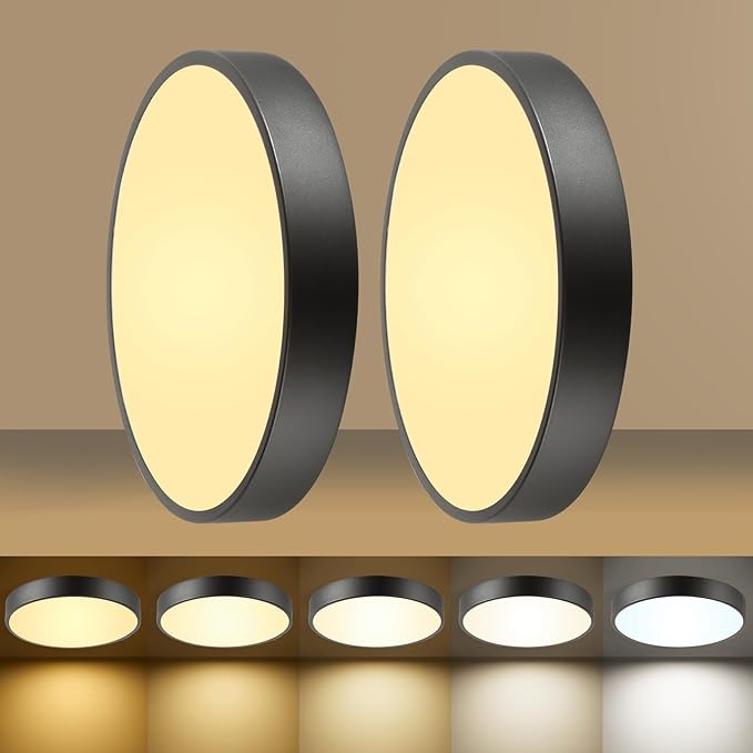 24W Dimmable Ceiling Light Fixture, 12 inch Flush Mount Light Fixture, LED Ceiling Lights Bedroom, Kitchen, Entryway, Super Bright 2700 Lumens 300W Equivalent 5CCT(2700k-5000k) 2 Pack Black