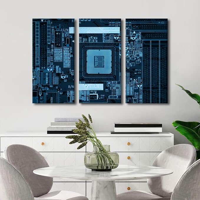 TUMOVO Technology Wall Decor CPU Poster Wall Decor Canvas Wall Art 3 Piece Modern GPU Computer Processors Art Prints Modern Decor Bedroom Living Room Stretched and Framed Ready to Hang (28" Wx42 H)