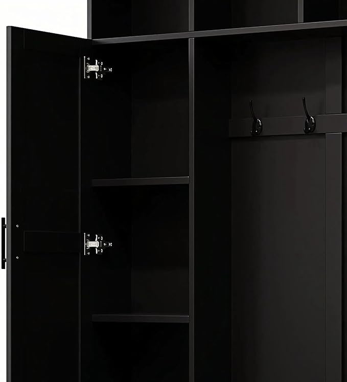Modern 55‘’ Wide Hall Tree with 6 Hooks, Wood Brown Grain Minimalist Shoe Cabinet with Adjustable Shelves, Versatile Entryway Coat Rack for Living Room Hallway (Black-11A)
