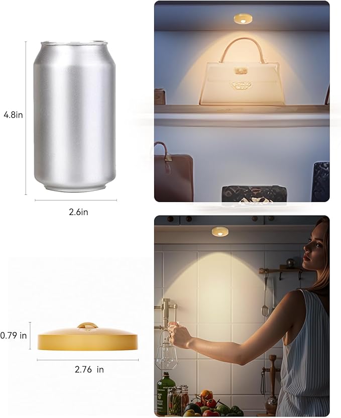 Rechargeable Puck Lights With Remote Control, 1500mAh Battery Operated Tap Lights, Dimmer & Timer Under Cabinet, Wireless LED Stick-On for Closet, Bedroom, Kitchen - Gold 3Pcs