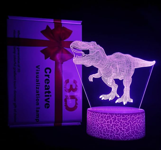 3D Hologram Dinosaur Night Light, 4 Patterns, Dimmable Remote/Smart Touch, 16 Color Changing Light, T-Rex Bedside Desk Lamp, Gift for Dinosaur Lovers