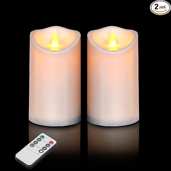 Flameless Candles 3" D x 6" H Outdoor Indoor Pillars Battery Operated Flickering Candles Include 8-Key Remote Timer 400+ Hours by 2 AA Batteries (White Candle - Warm Light,2 Pack)