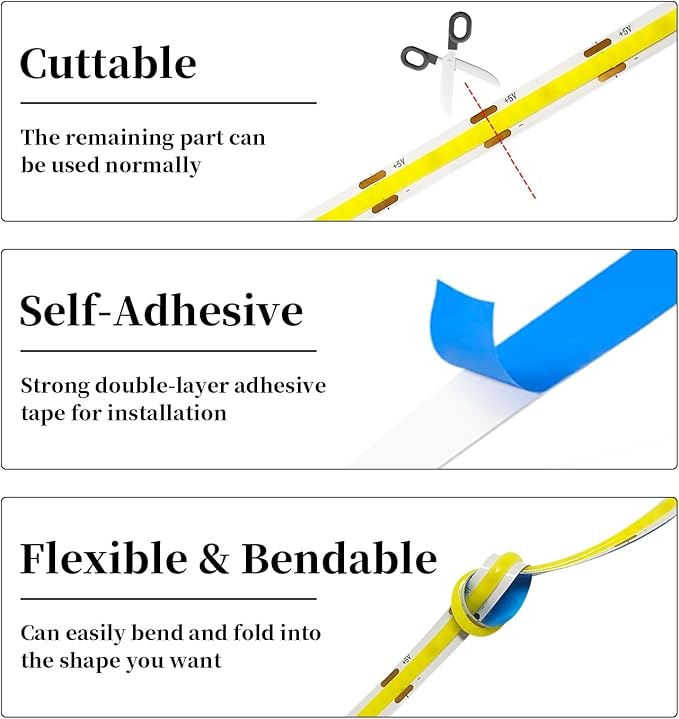 iNextStation 6.6ft 2M 5V USB COB LED Strip Light, 640LEDs 6000K Cold White USB LED Strips Dimmable CRI 93+ Flexible LED Tape Lights for TV Backlight, Under Cabinet, Mirror, Wardrobe, Home Decor