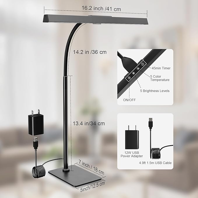 Kary LED Desk Lamp with Base,Eye-Care Architect Light for Home Office,12W Task Lamp with Adjustable Flexible Gooseneck USB Adapter Touch Control 5 Dimmable Color & Brightness Tall Lamp for Work,Study