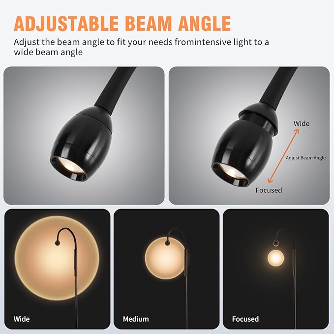 Adjustable Gooseneck LED Beam Floor Lamp, Standing Reading Lamp with Flexible Gooseneck, Dimmable, Timer and Zoomable Spotlight, Black Task Bright Lights with Remote for Living Room Bedroom