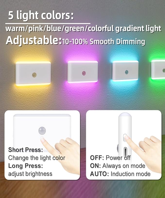 LAVAED Motion Sensor Night Light Indoor,RGB Charging Cordless Stair Lights,LED Wireless Step Light 500mAh Rechargeable Battery Operated Stick On Light for Hallway,Kitchen,Closet,Cabinet,Bedroom(2pack)