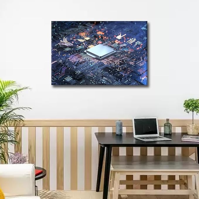 TUMOVO Computer Chip Wall Art for Bedroom CPU Concept Canvas Art Wall Decor Futuristic CPU Modern Wall Art Pictures for Living Room Artwork Paintings Giclee Framed Ready to Hang, 36x24in