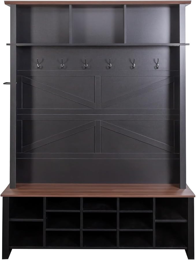 Farmhouse 4-in-1 Hall Tree with 6 Hooks, Practical Walnut Entryway Bench with Adjustable Shelves, Wooden Style Rustic Shoe Organizer with 16 Open Compartments for Mudroom, Living Room (Black/8C)