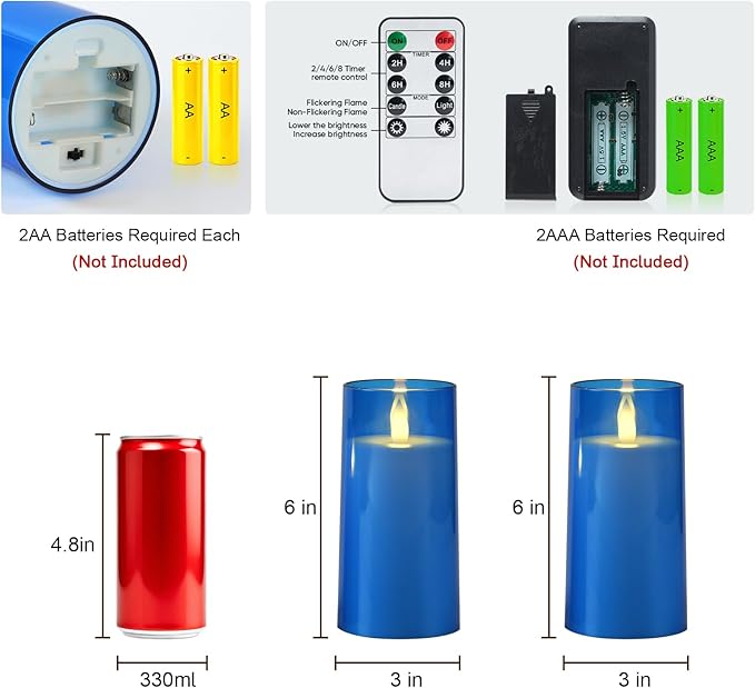 Raycare Flameless Electronic Pillar Candles with Remote Control and Timer- Battery Operated Realistic Flickering LED Fake Candle for Home, Wedding, Valentine's Day Decor,Blue,Set of 2(3"x6"6")