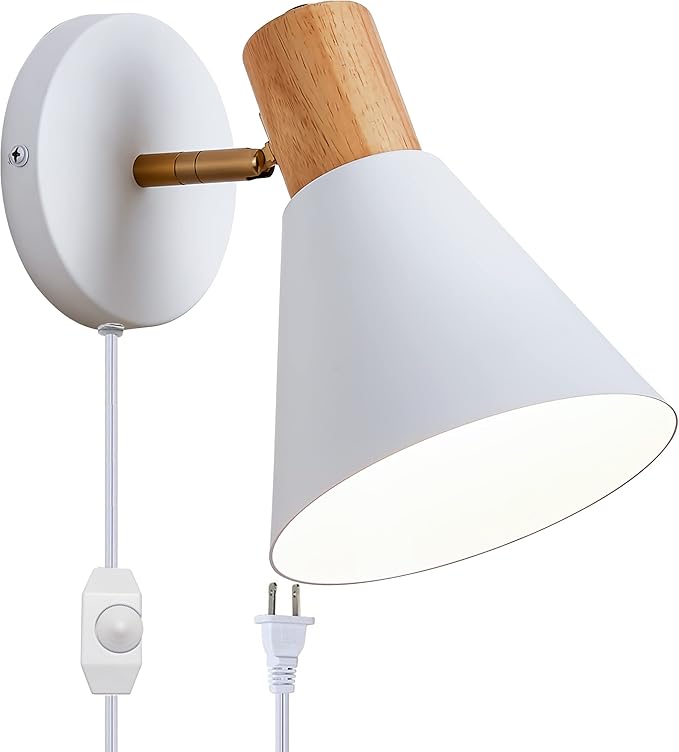 ClanKin Plug in Wall Sconces Lighting for Bedroom, White Dimmable Wood Style Wall Sconce Reading Lamp, Adjustable Wall Light for Bedroom Hallway Living Room (White-Plug in, 1)