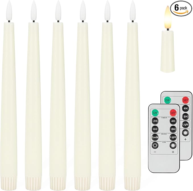 Flameless Taper Candles with 3D Wick, 9.6" Real Wax LED Candles with 2 Remote and Timer, 6 Pack Flickering Candlesticks Battery Operated, Classic Tall Taper Candle for Home, Wedding, Party, Ivory