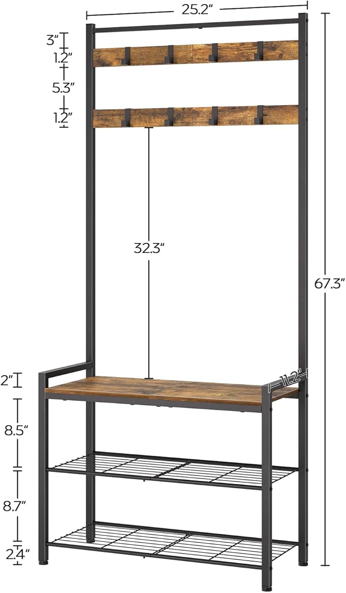 Hall Tree, Coat Rack with Shoe Bench, Entryway Bench with Shoe Storage, Multifunctional Entryway Storage Organizer, Metal Frame and 8 Movable Hooks, for Hallway, Rustic Brown MT01BR