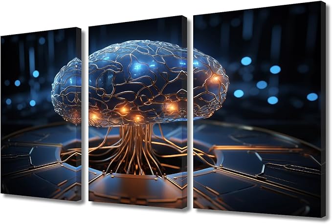 Concept Wall Decor Artificial Intelligence Pictures Posters 3 Pieces Robot Brain Wall Art for Home Decoration, AI Artwork Wooden Framed Gallery-Wrapped Ready to Hang, 36" Wx24 H