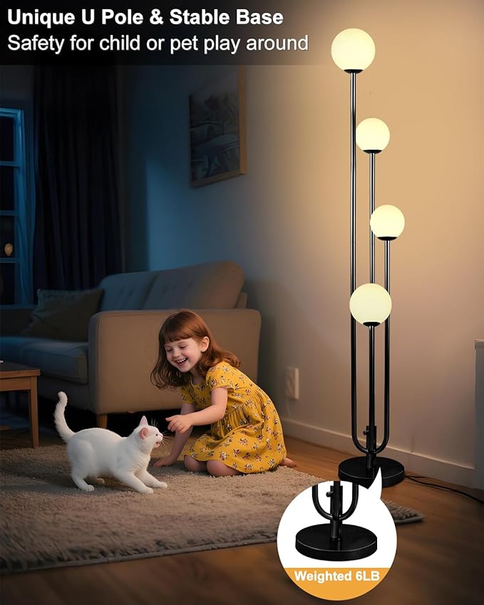 Lightdot Black Globe Floor Lamp 4-Lights Dimmable Floor Lamps with Tray 3000K Bulbs Included Unique Candle Standing Lamp for Living Room/Bedroom/Sofa Beside/Corner Decor