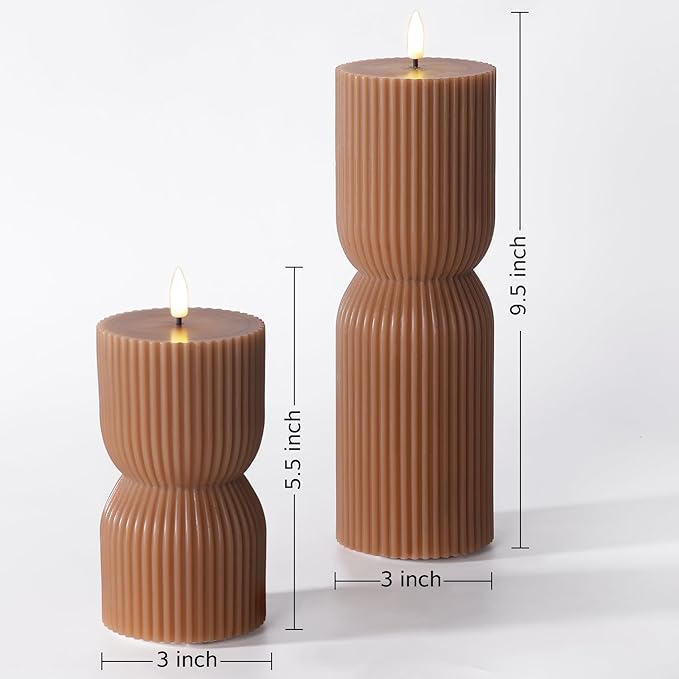 Warm Brown Ribbed Flameless Pillar Candles with Remote, Real Wax Flickering Battery LED Candles Christmas Decor Gift Set of 2