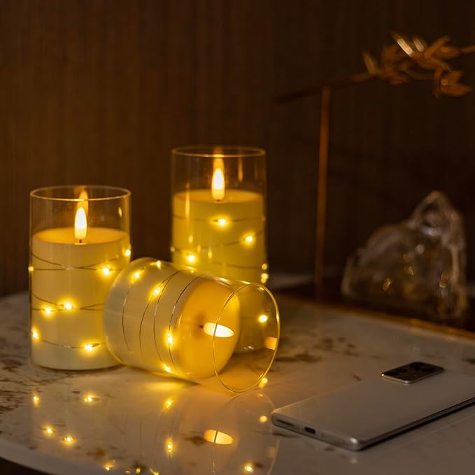 Flickering Flameless Candles with Embedded String Lights - Acrylic Battery Operated Candles with Remote, LED Pillar Candles for Valentines/Wedding Home Decor（White）