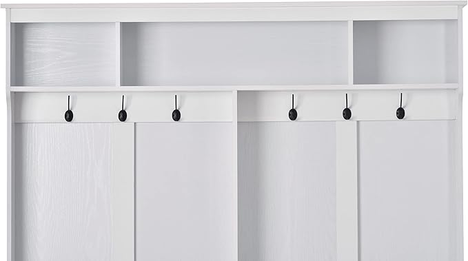 Wide Hallway Coat Rack Hall Tree with Shoe Storage Rack, 24 Cubes 6 Hooks and 3 Top Shelves, Large Storage Bench for Entrance, Enterway (White)