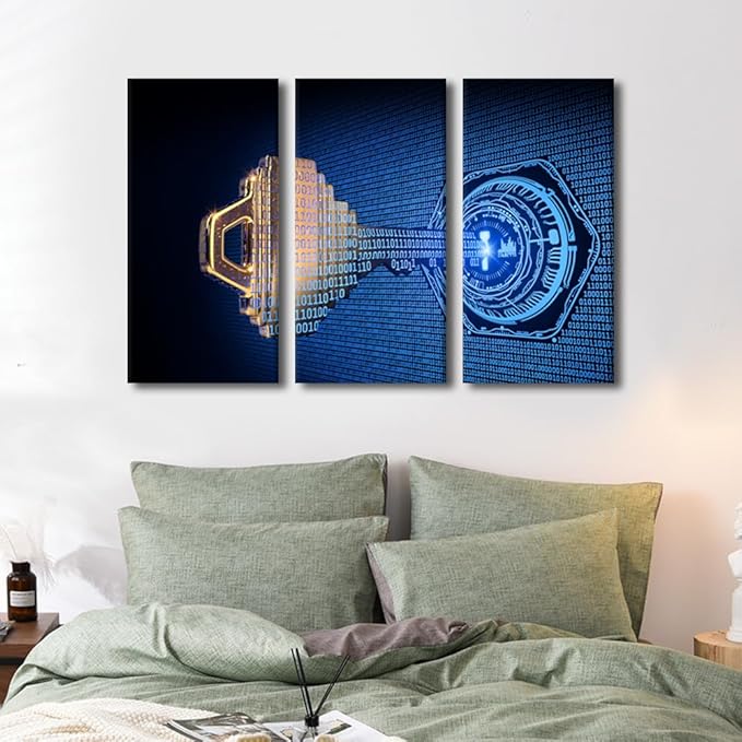 3 Panel Canvas Wall Art A Key Formed from Binary Code Goes Into an Abstract Lock Pictures Posters, Cybersecurity Artwork Wooden Framed Gallery-Wrapped Ready to Hang, 42" Wx28 H