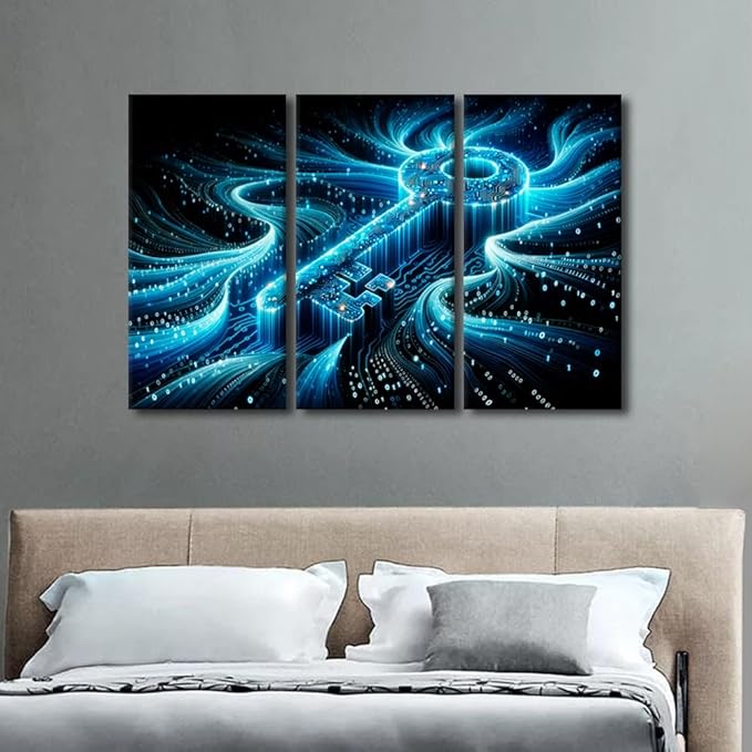TUMOVO 3 Panel Wall Art Abstract Cyber Security Concept with Key and Binary Code Pictures Print on Canvas for Home Office Hotel Wall Decoration, Wooden Framed Ready to Hang, 42" Wx28 H