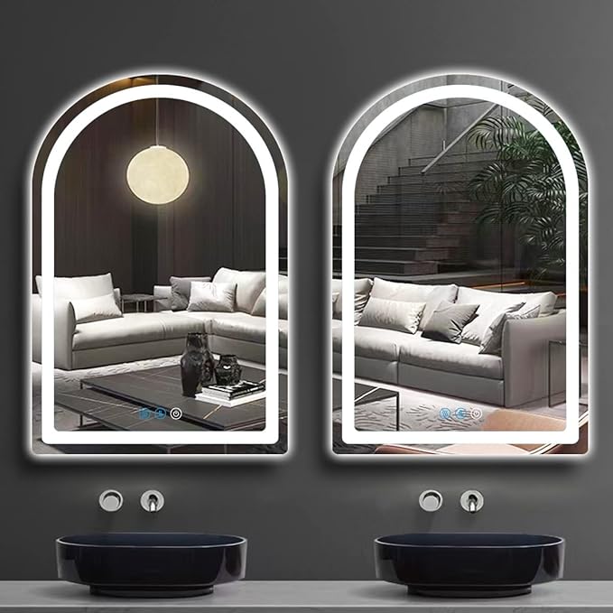 30 x 20 Inch LED Arch Mirror with Lights AntiFog 3 Color Adjustable Brightness Frontlits 30" Arched Lighted Vanity Mirror for Bathroom Wall Mounted Makeup Tabletop Smart Arch Light up Mirrors