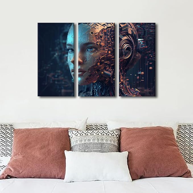 TUMOVO Humanoid Robot Pictures Print on Canvas 3 Panel Canvas Wall Art Artificial Intelligence Wall Decor for Living Room Giclee Futuristic Technology Artwork Wood Framed Ready to Hang, 36" Wx24 H