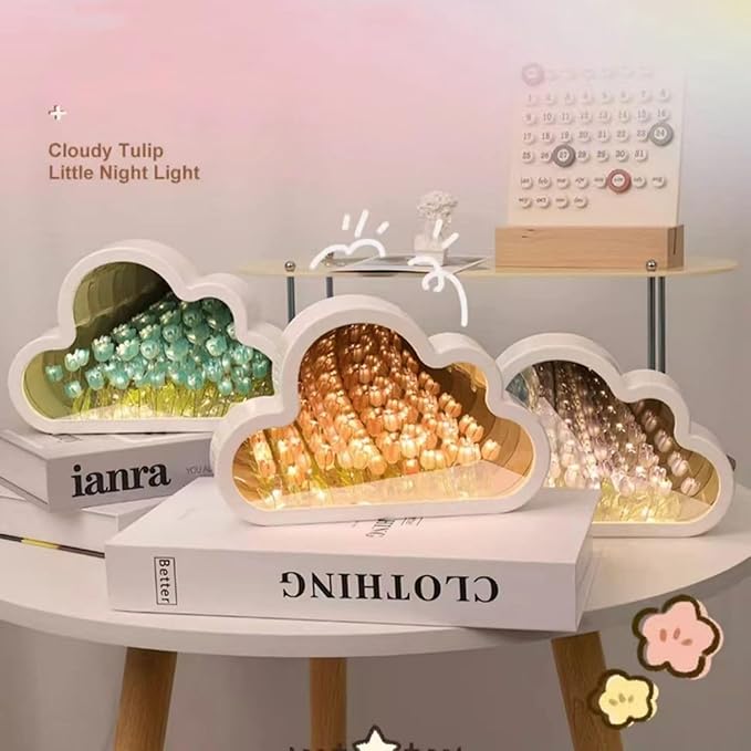 DIY Cloud Tulip Mirror Night Light, Simulation Flower Bedroom Cloud Tulip Table Lamp, Creative Home Decoration, Room Decor for Teen Girls (Blue)