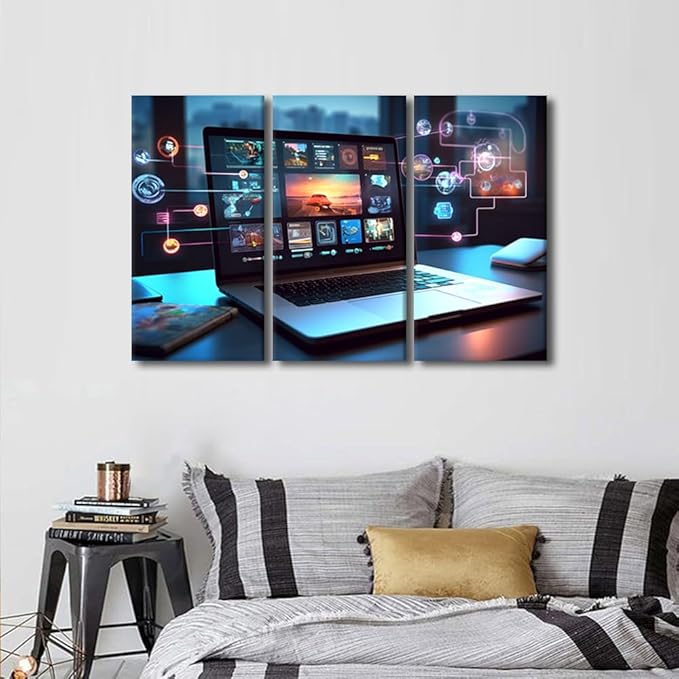 3 Panels Canvas Print Art Digital Collaboration Tools Pictures Poster for Living Room Wall Decoration, Concepts Artwork Stretched Framed Gallery-Wrapped Ready to Hang, 36" Wx24 H