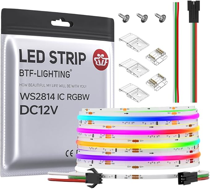 BTF-LIGHTING FCOB COB LED Strip WS2814 IC RGBW 6000K Flexible High Density Color Chasing Uniform Light 16.4FT DC12V 16IC/m 10mm Width for Home DIY Lighting Projects(No Adapter or Controller)