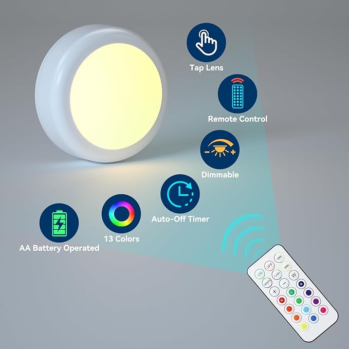 LED Puck Lights with Remote Control, Under Cabinet Lighting Stick on Tap/Push Lights, Battery Operated Closet Lights, Wireless Led Wall Light for Bedroom, Under Counter Light for Kitchen,2 Pack