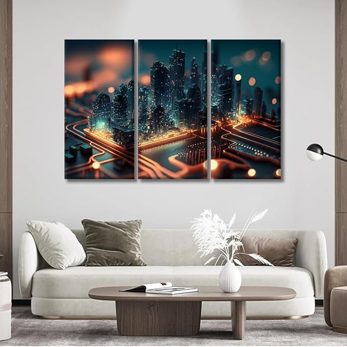 3 Panel Framed Wall Art Smart City on Circuit Board Futuristic Cyberspace Picture Poster for Bedroom Living Room Wall Decoratio,Gallery-Wrapped Ready to Hang 20x40inchx3