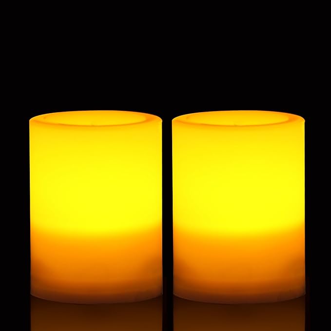 CANDLE CHOICE Outdoor Battery Operated Flameless Candles with Remote Timer Waterproof Flickering Plastic Electric LED Pillar Lights for Lantern Patio Garden Wedding Party Decorations D3”xH4” 2 Pack