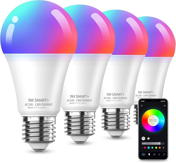 Meliya LED Smart Light Bulbs, Color Changing Dimmable & Timing Smart WiFi and Bluetooth Bulb, Compatible with Alexa and Google Assistant, RGBWW A19, 9W 800 Lumens, Music Sync, Voice Control (4 Pack)