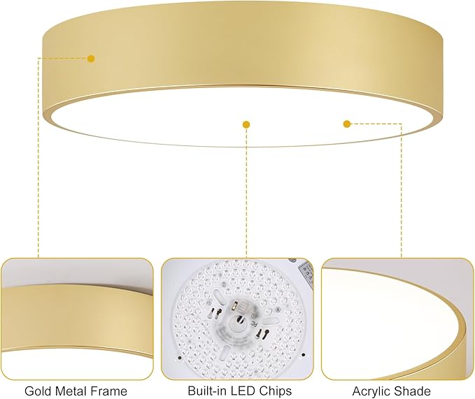 5CCT Modern Gold Close to Ceiling Light Fixtures,15.8 Inch Large Ceiling Lighting,Dimmable LED Ceiling Lamp for Bedroom, Living Room, Laundry Room