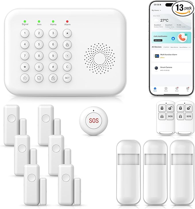 2026 Home Security System,13 Piece No Monthly Fees with Phone & Remote Control WiFi+4G Alarm System Kit,Instant App Alerts and Compatible with Alexa,Door/Window Sensors,SOS Button,for Smart Life