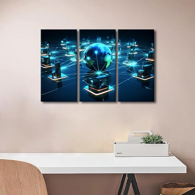 3 Panel Modern Wall Art Centralized Network Architecture Pictures Print on Canvas for Home Wall Decorations, Concepts Artwork Wooden Framed Gallery-Wrapped Ready to Hang, 36" Wx24 H