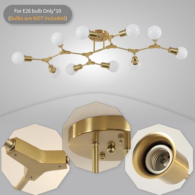 Mid Century Modern 10 Light Semi Flush Mount Ceiling Lighting Fixture for Dining Room Living Room Bedroom Kitchen Office,Metal Gold Long Bright Large Sputnik Chandelier