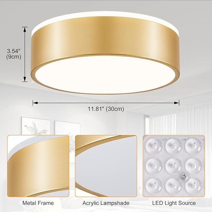 Dimmable Gold LED Ceiling Light Fixture, 5CCT 2700 K-6000 K Modern Flush Mount Ceiling Light, Round Minimalist Lighting Fixture for Bedroom, Kitchen, Laundry Room, Hallway, 11.81 Inch