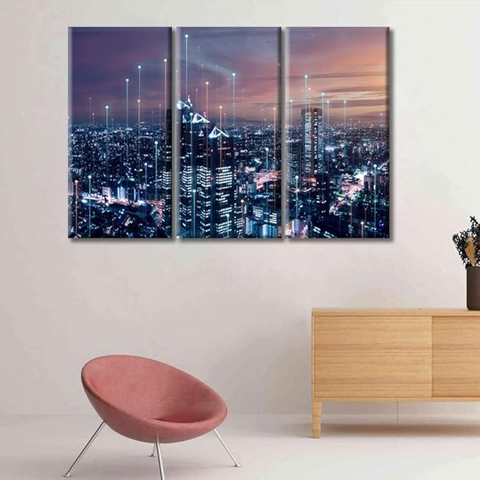 TUMOVO 3 Panel Modern City with Wireless Network Connection Canvas Wall Art Abstract Futuristic PCB Pattern Pictures Wall Decor for Living Room Framed Ready to Hang (36" Wx24 H)