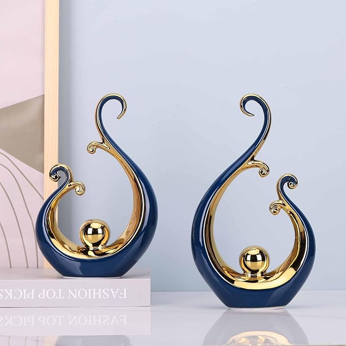 DOVDOV Ceramic Abstract Statues 2 Piece Set, Modern Art Deco, Blue and Gold Home Decor, Office Decor, Shelf Decor, Floor Mantle Decor, Coffee Table Decor Aesthetics.