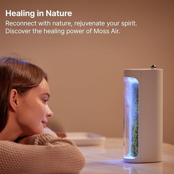 Moss Air – Living Moss Terrarium Humidifier | Soothing Mist Fountain & Ambient Light | Zen Desk Decor, Aesthetic Room Decor | Portable & Whisper-Quiet