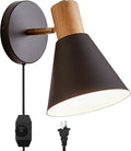 ClanKin Plug in Wall Sconces Lighting for Bedroom, Black Dimmable Wood Style Wall Sconce Reading Lamp, Adjustable Wall Light for Bedroom Hallway Living Room (Black-Plug in, 1)