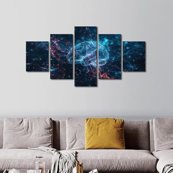 TUMOVO 5 Panel Abstract Pictures for Bedroom Digital Human Brain Decor for Boys Bedroom Futuristic Technology Wall Posters for Room Office AI Canvas Prints Wall Art Print Artwork Canvas 60" Wx32 H
