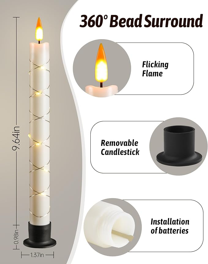 Da by 6 Flameless Window Candles with Remote Control & Timer, Surround String Lights, Battery Powered, 9.6" Christmas Candles, Free 6 Black Bases for Home Décor (Pack of 2)