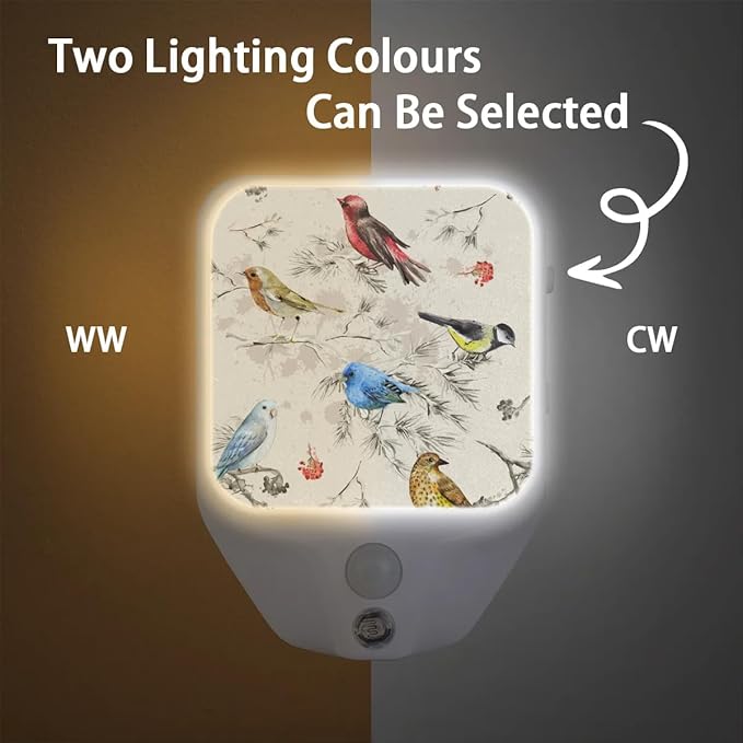 Birds Watercolor Night Lights Plug into Wall, 1.5W Plug in LED Dimmable Motion Sensing Nightlight Auto Dusk to Dawn Sensor for Kids Adults Bedroom, Bathroom, Hallway Warm White